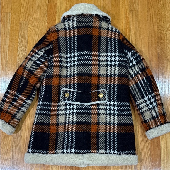 Tory Burch Black, Brown & Cream Plaid Sherpa-Trim Double-Breasted Pea Coat - Picture 8 of 9